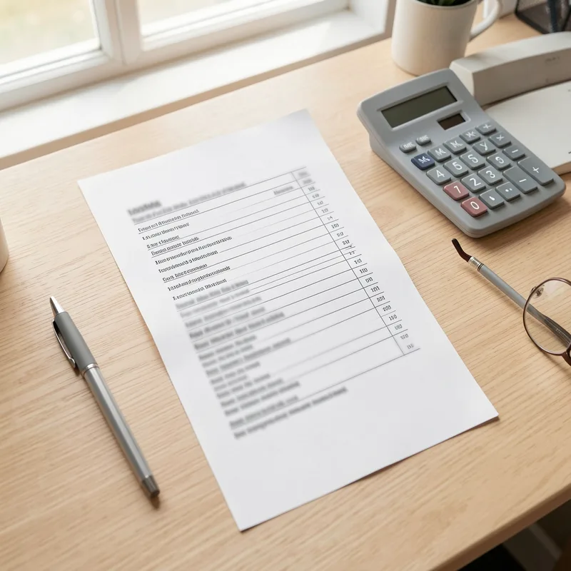 Devis dentaire détaillé posé sur un bureau à côté d&rsquo;une calculatrice et d&rsquo;un stylo
