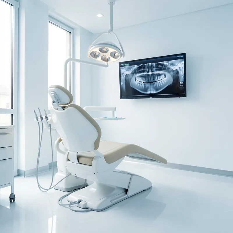 Fauteuil de cabinet dentaire et écran affichant une radiographie panoramique