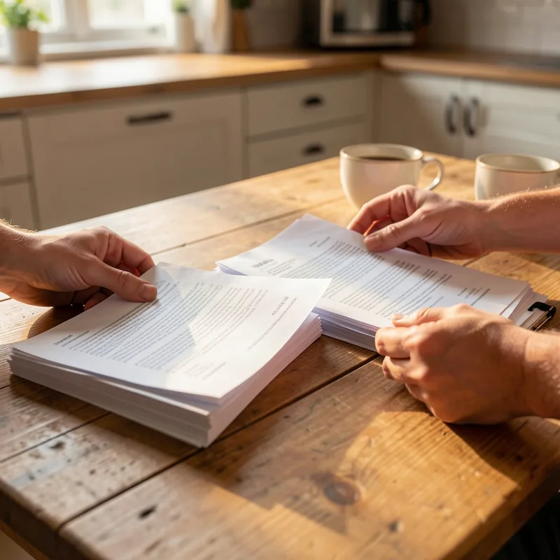 Patient consultant deux documents de devis dentaire à la table de sa cuisine