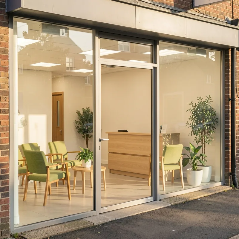 Vitrine d&rsquo;un centre de santé dentaire avec salle d&rsquo;attente lumineuse vue depuis la rue