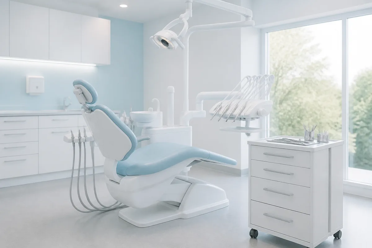 Fauteuil de cabinet dentaire vide devant une fenêtre lumineuse, instruments rangés sur la desserte