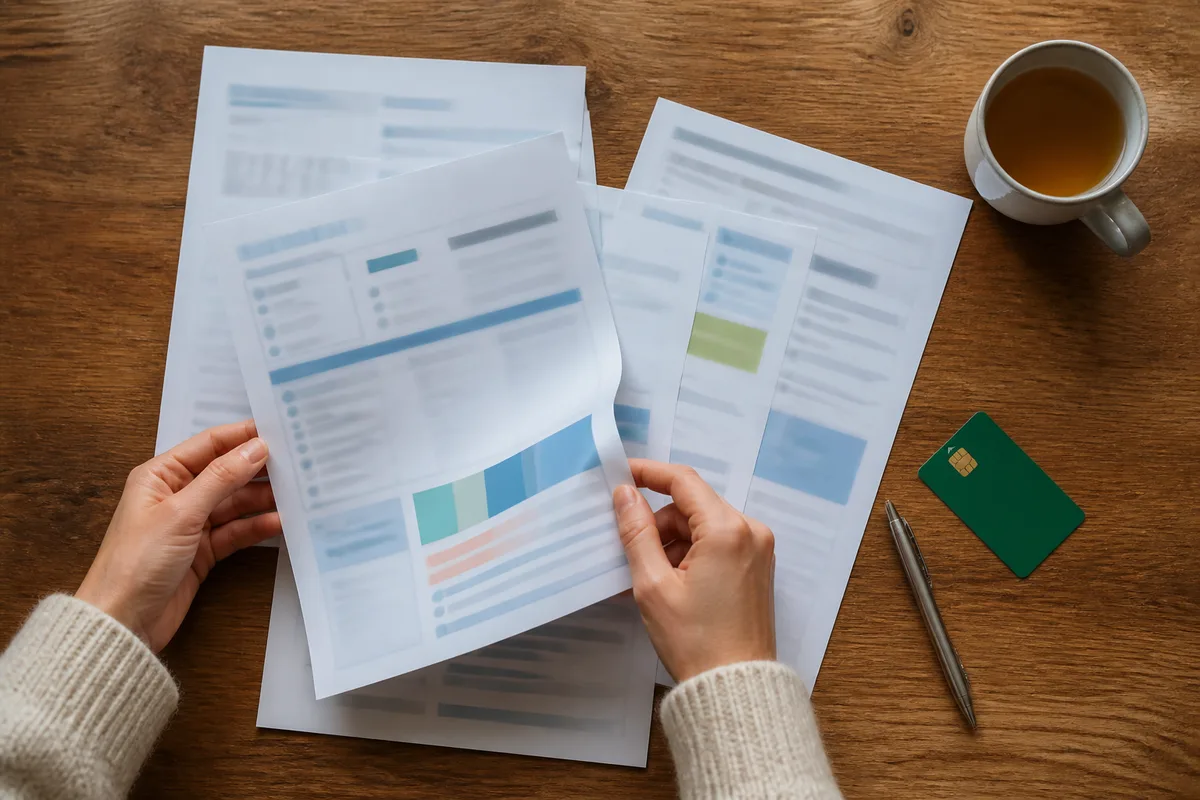 Documents administratifs de santé, carte vitale et stylo posés sur une table de cuisine