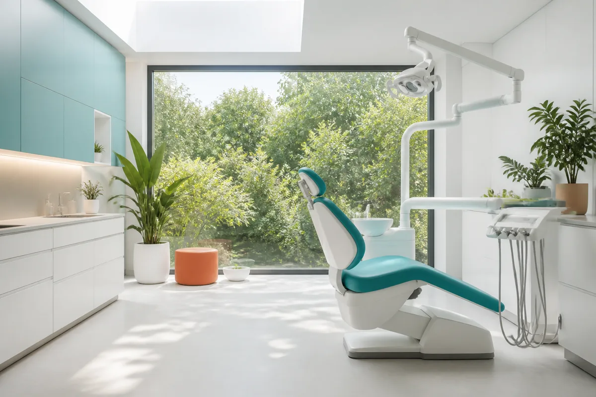 Plateau d'instruments dentaires disposés sur un champ stérile dans un cabinet