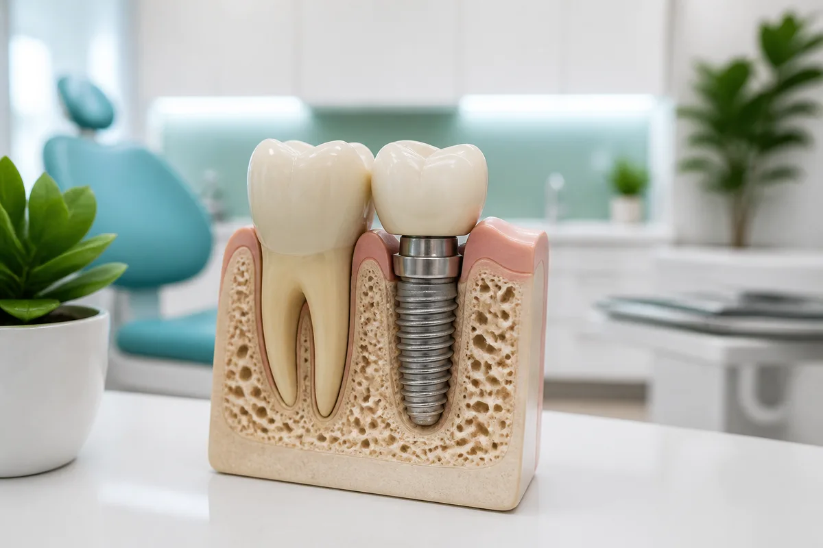 Vue en coupe d&rsquo;un implant dentaire en titane inséré dans l&rsquo;os de la mâchoire