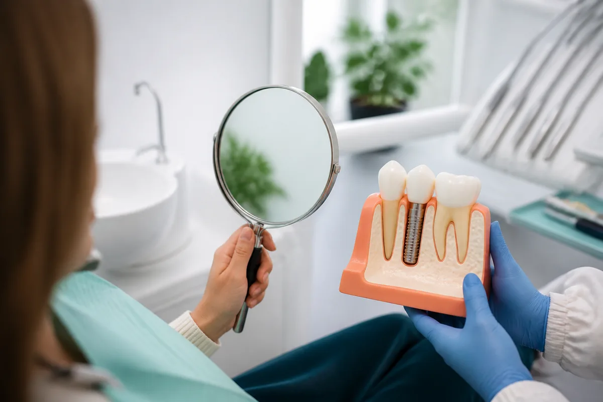 Patient tenant un miroir face à un modèle pédagogique d&rsquo;implant et de couronne