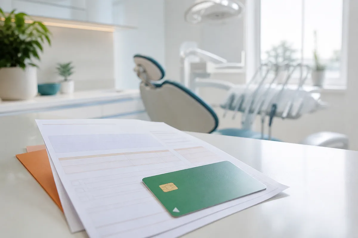 Note d&rsquo;honoraires dentaire et carte Vitale posées sur un bureau