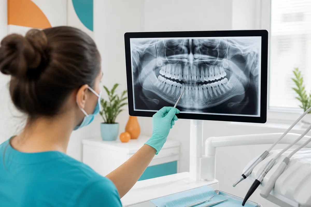 Praticien examinant une radiographie panoramique sur un écran